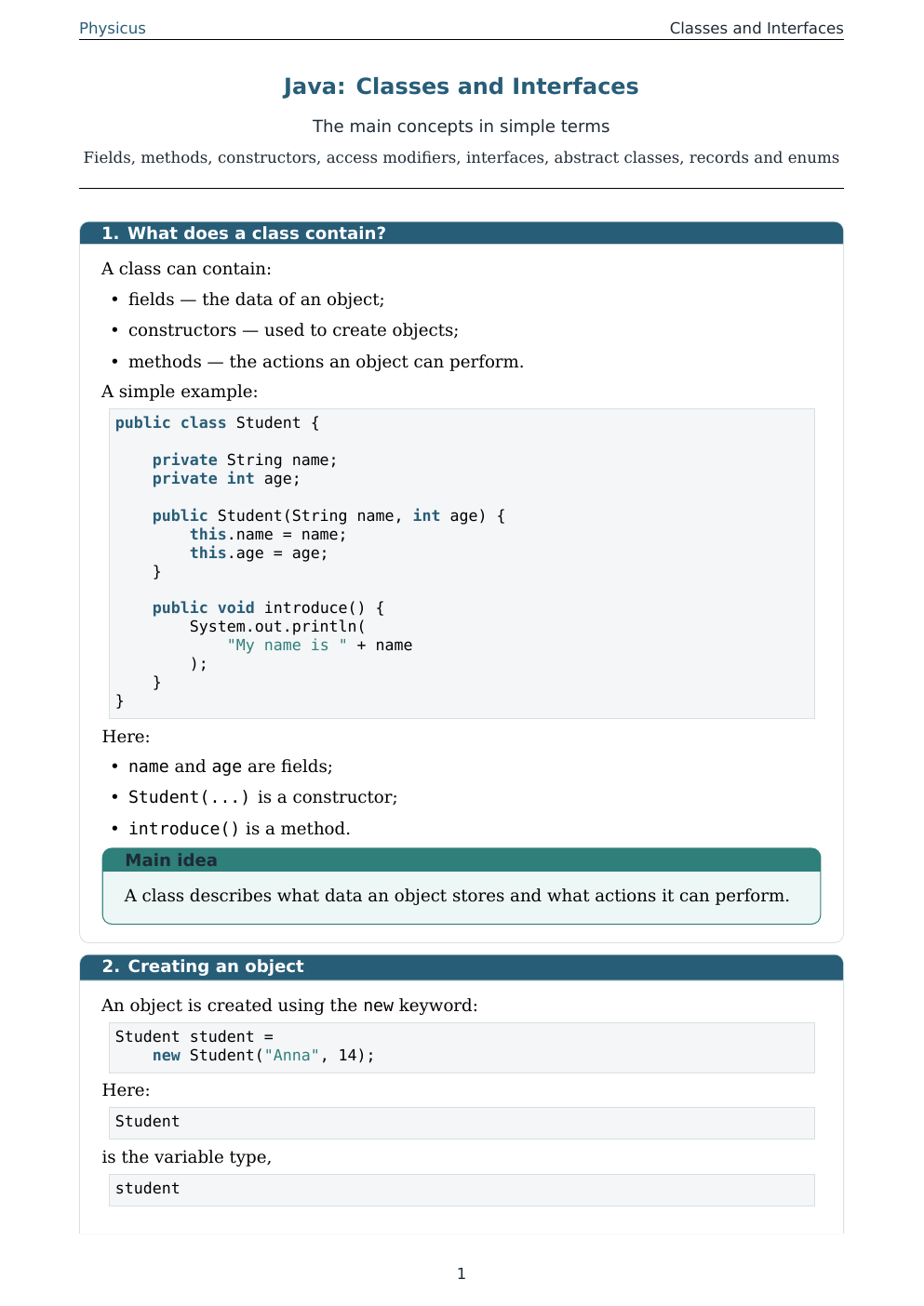Material cover: Java: Classes and Interfaces